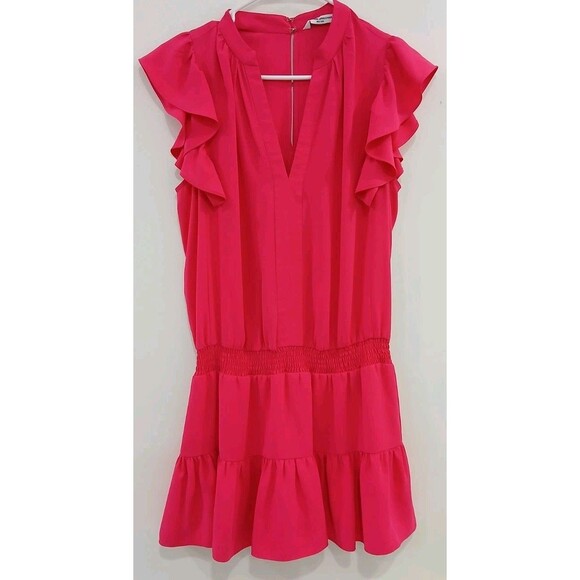 Amanda Uprichard Smocked Waist V Neck Pink‎ Romper With Ruffle Detail Sz Medium - Picture 2 of 8
